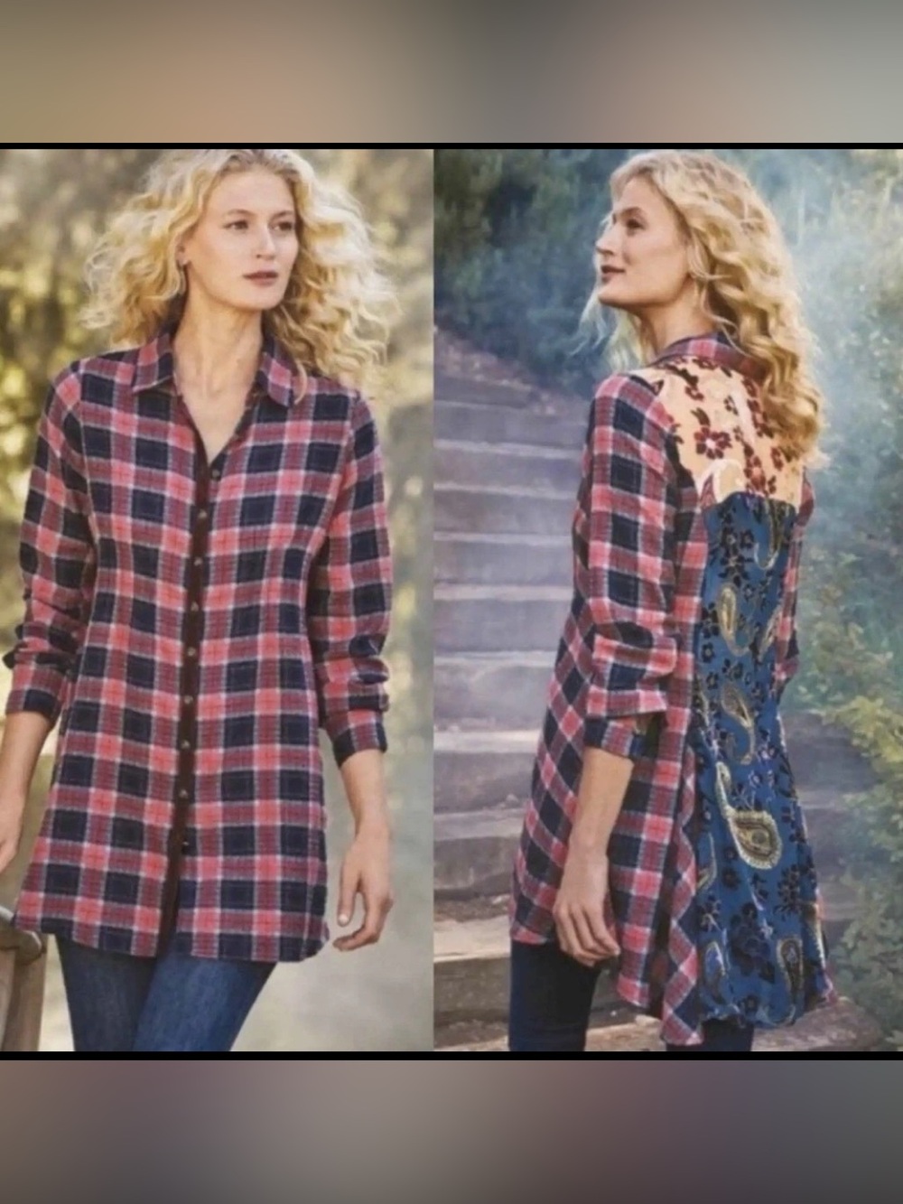 Soft Surroundings Kensington Tunic XL Pink Plaid Flannel Floral Velvet Burnout